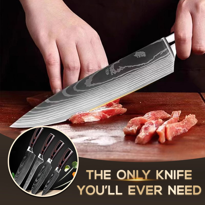 Multi-Use Stainless Steel Wooden Handle Damascus Pattern Kitchen Knife Set