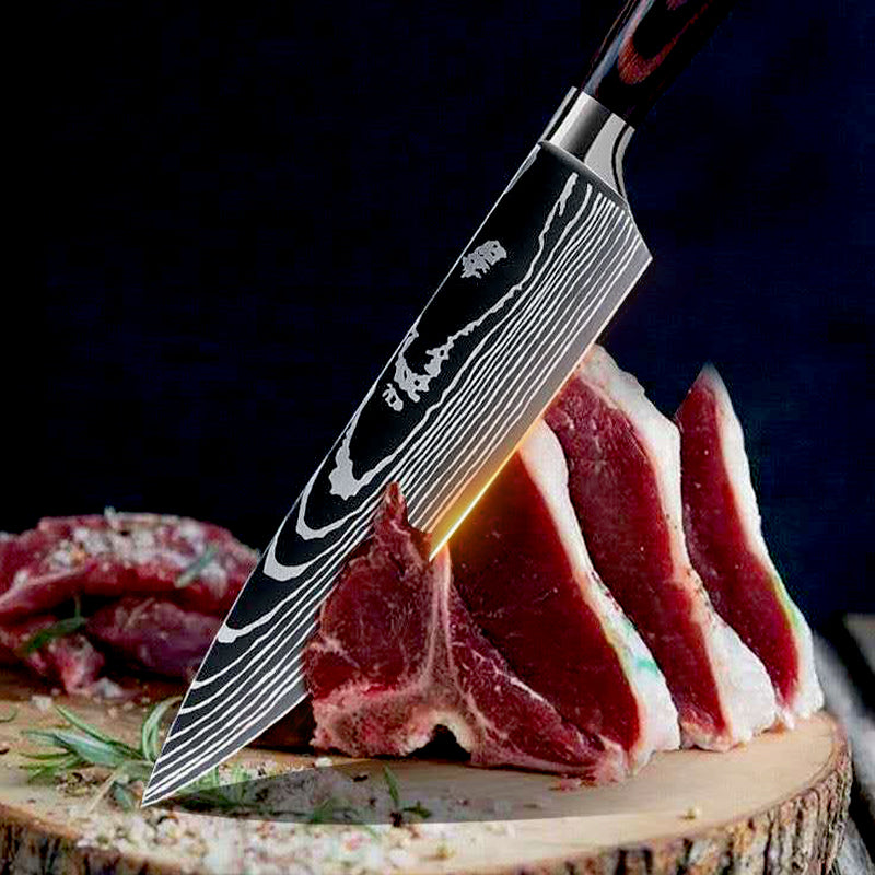Multi-Use Stainless Steel Wooden Handle Damascus Pattern Kitchen Knife Set