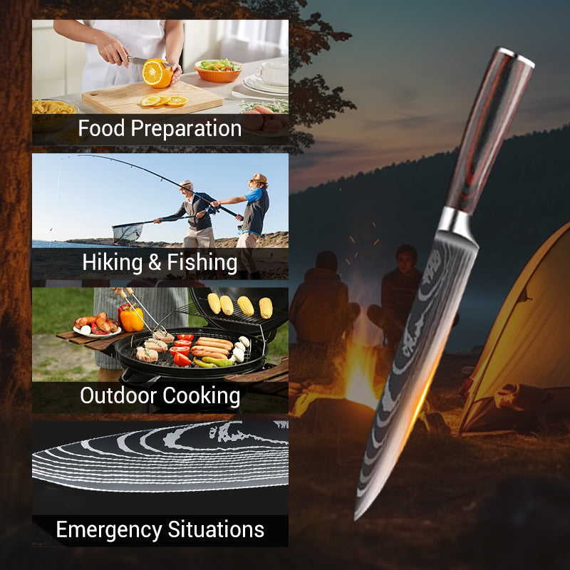 Multi-Use Stainless Steel Wooden Handle Damascus Pattern Kitchen Knife Set