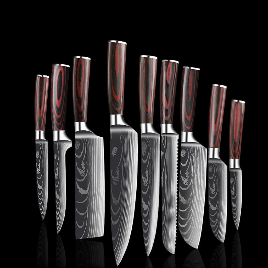 Multi-Use Stainless Steel Wooden Handle Damascus Pattern Kitchen Knife Set