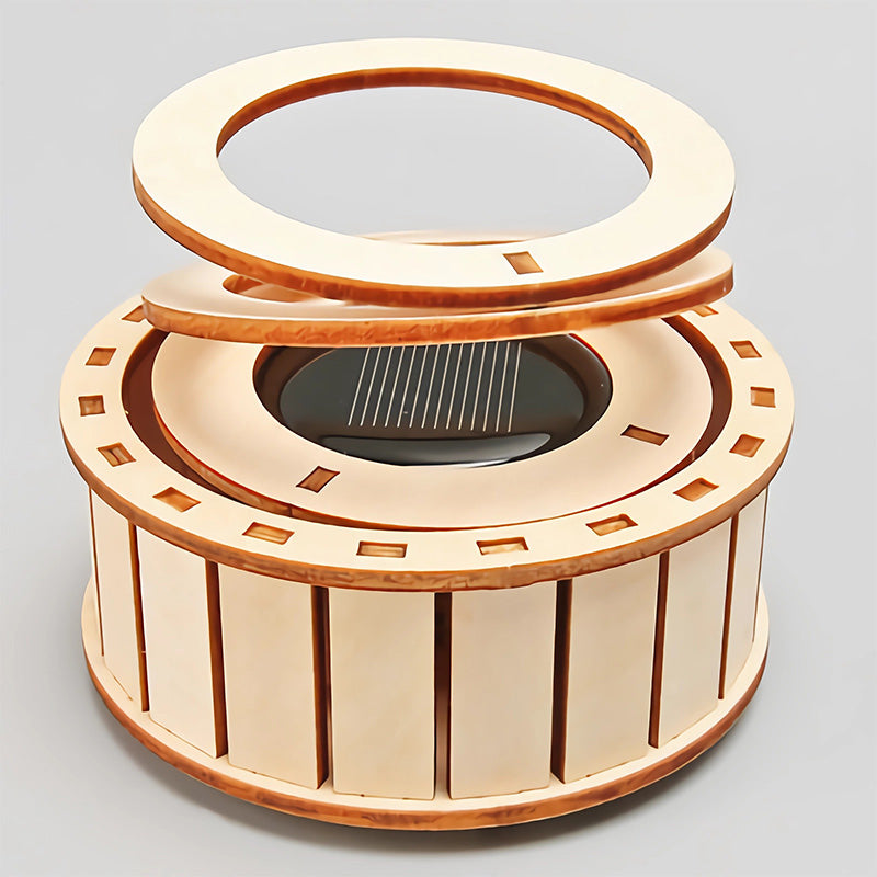 Solar Powered Rotating Double Ring Wooden Puzzle Toy