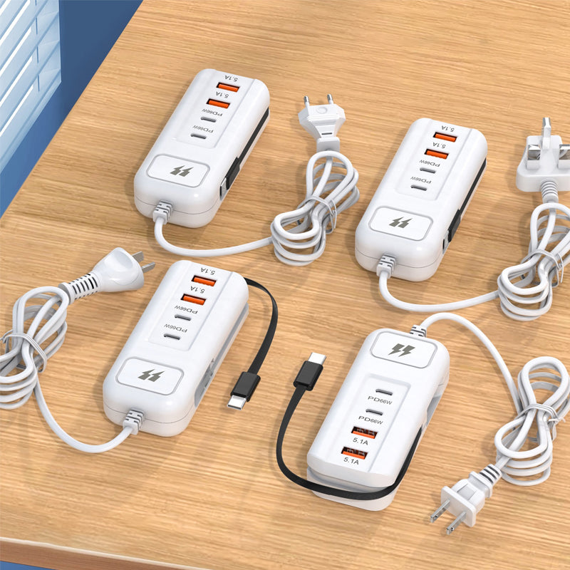⚡2026 Hot New Arrivals – Multi-Function Fast Charger 2PD + 2USB! 🔌📱 66W, Built-in Type-C Cable, Safely Charges 4 Devices Simultaneously