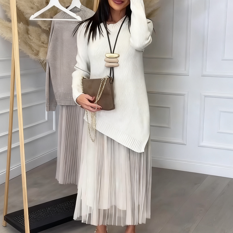 Women’s Irregular Sweater & Pleated Tank Midi Dress 2-Piece Set