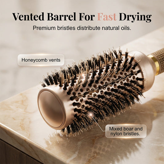 💇‍♀️ Professionel rundbørste til volumen – Ventileret børstehoved til hurtig tørring og ergonomisk greb – Løfter håret ved rødderne – 3 farver (grå/kaffebrun/guld) ✨