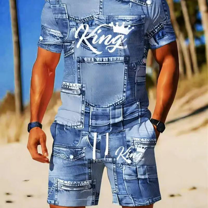 Afslappet T-shirt og shorts-sæt med kunstnerisk denimprint til mænd